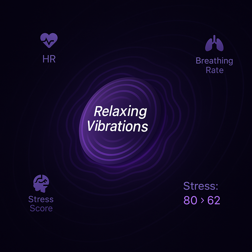 Finger tapping 'Calm Pulse' button on app with purple ripple animation
